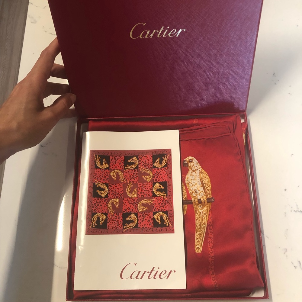 Cartier Birds and Felines Motif Red Silk Scarf❤️